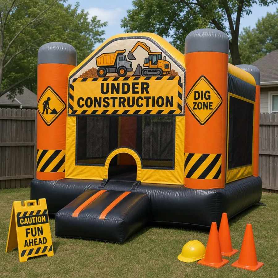 Construction themed bounce house set up for a backyard party