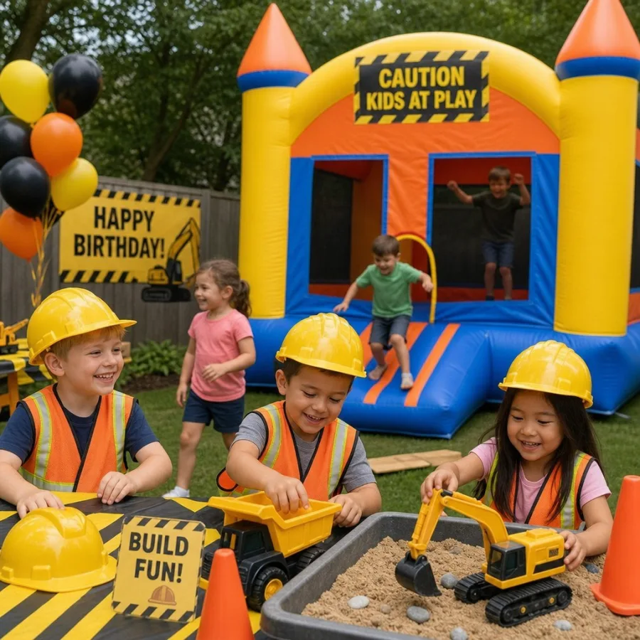 Children enjoying a construction party with an inflatable bounce house