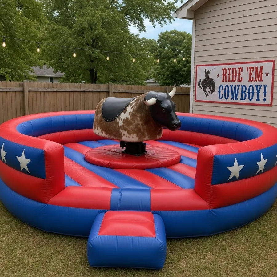 Mechanical bull setup with inflatable landing area for party guests
