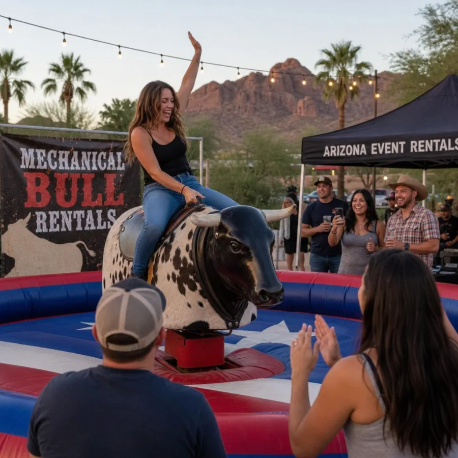 Guests enjoying a mechanical bull rental at an outdoor Phoenix event