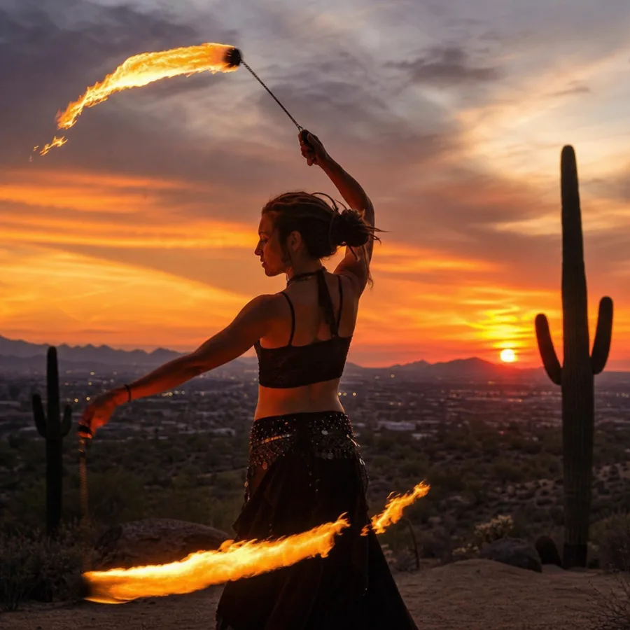 Fire dancer spinning fire poi against a desert sunset in Phoenix
