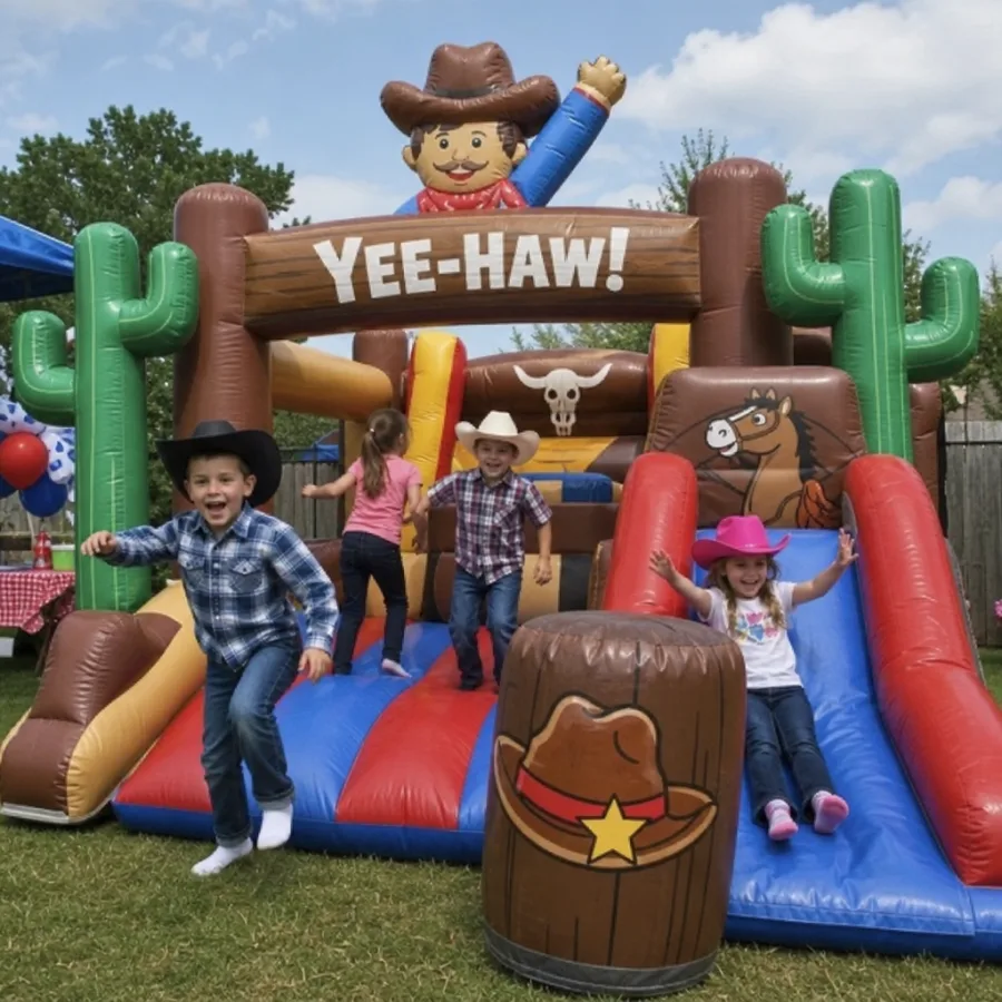 Children enjoying a cowboy-themed inflatable at an outdoor party