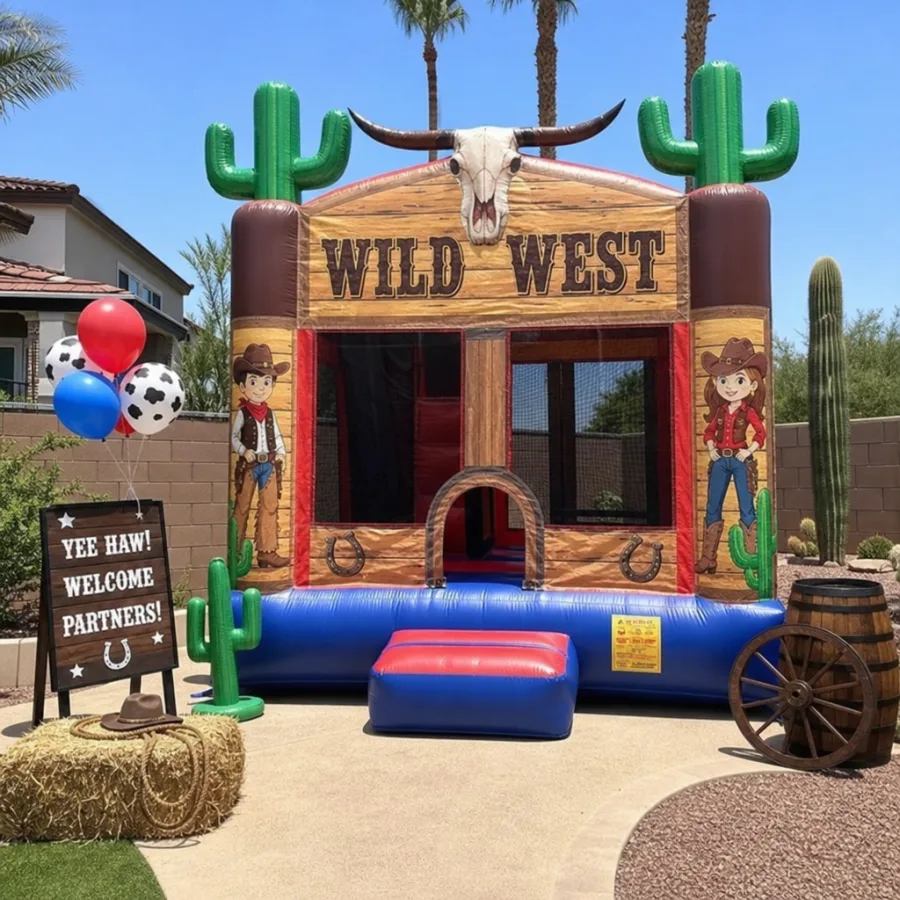 Western-themed bounce house set up for a Phoenix kids party