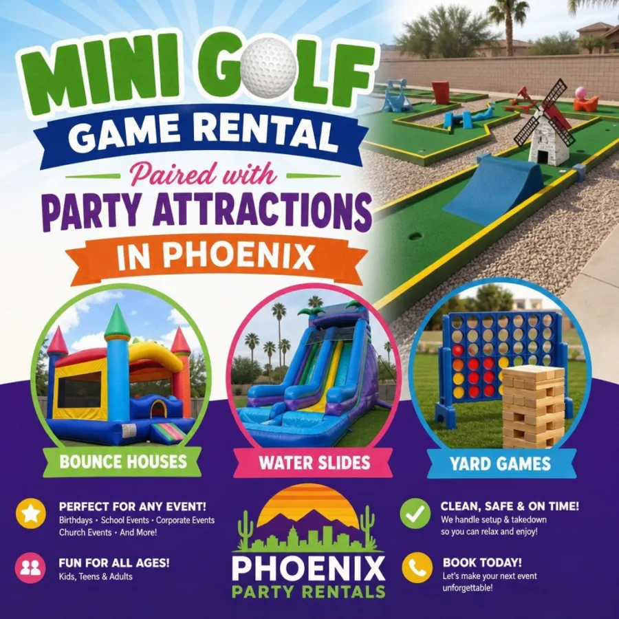 Mini golf game rental paired with party attractions in Phoenix
