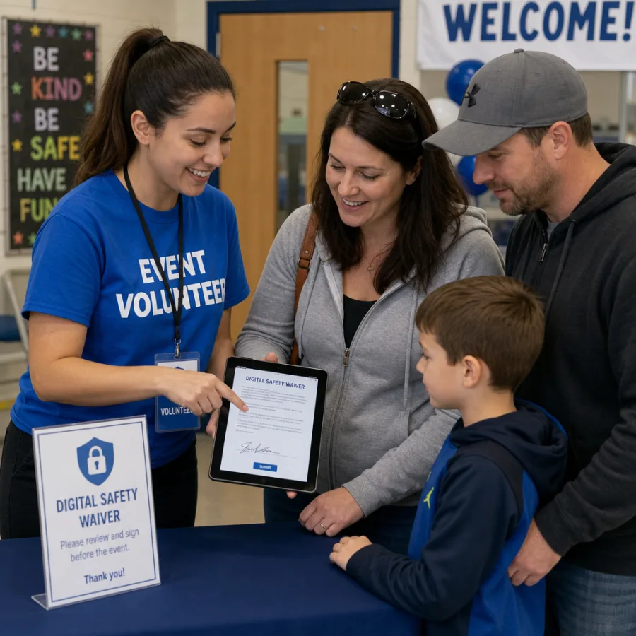 A friendly event volunteer helping parents sign digital safety waivers on a tablet