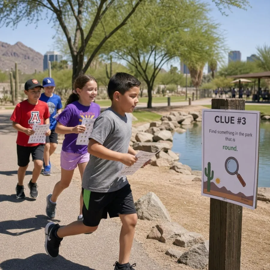 Kids running through a local Phoenix park looking for clues during an interactive scavenger hunt
