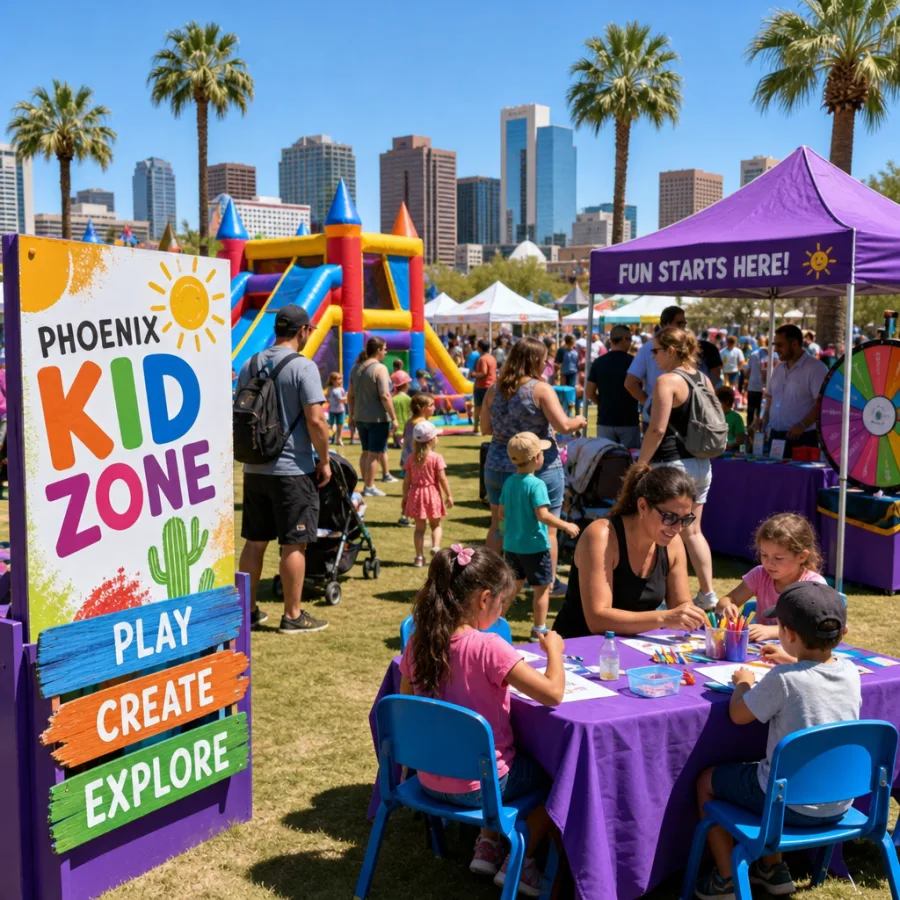 A bright, sunny outdoor festival in Phoenix with families enjoying various kid zone activities