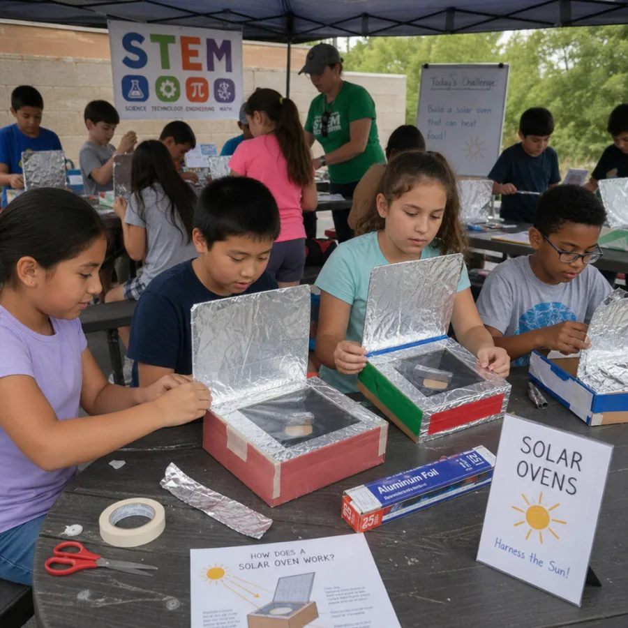 Children engaged in an educational STEM workshop building solar ovens under a shaded canopy