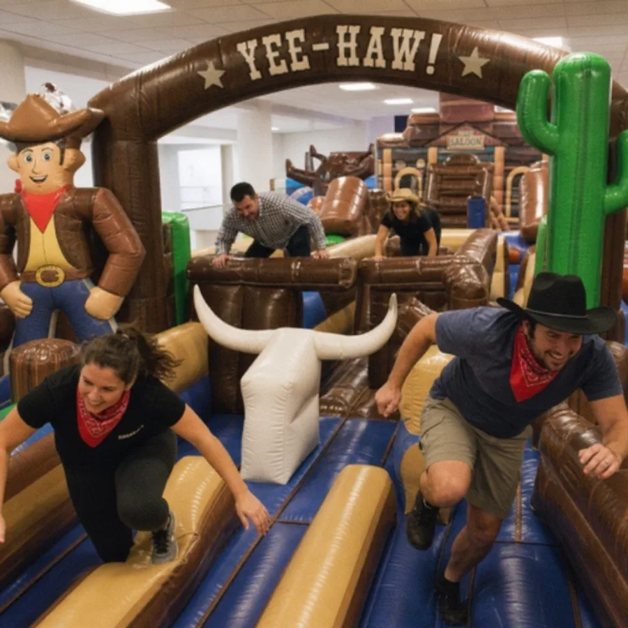 Colleagues racing through a large cowboy themed inflatable obstacle course