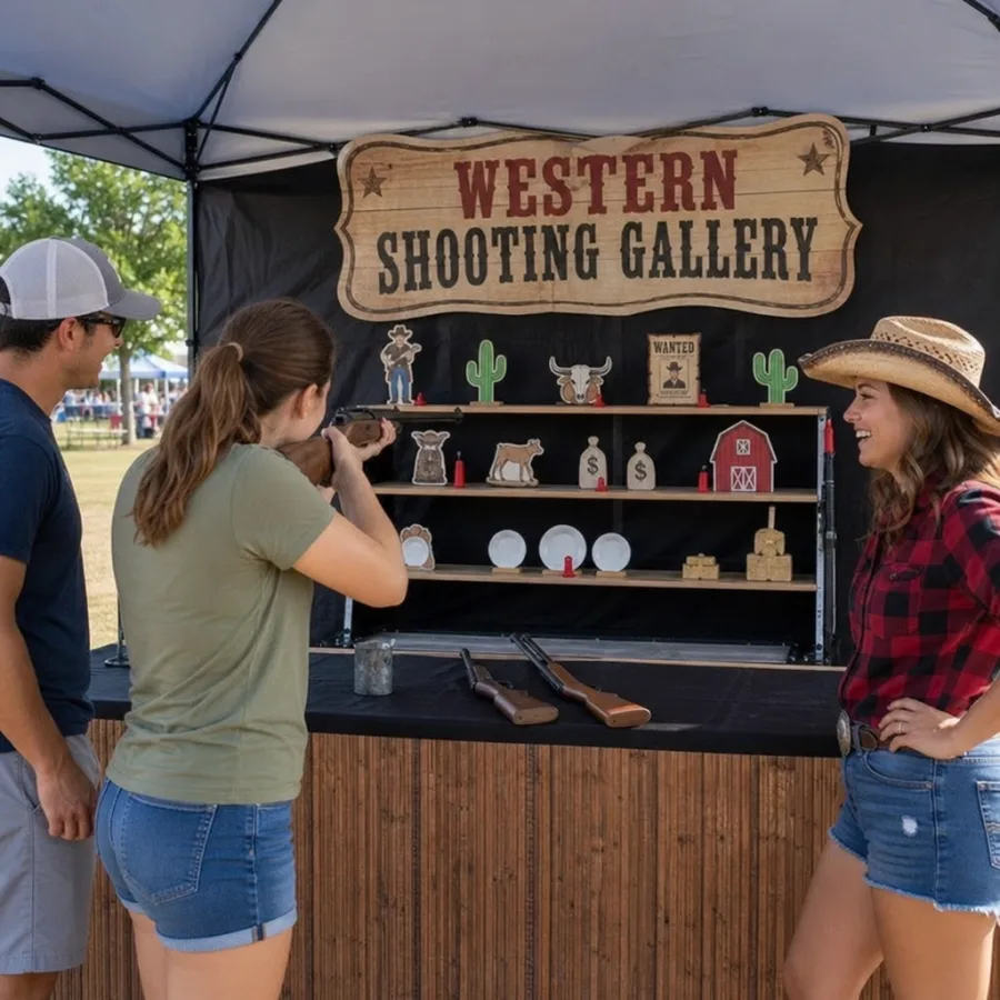 Guests enjoying a portable western shooting gallery game station