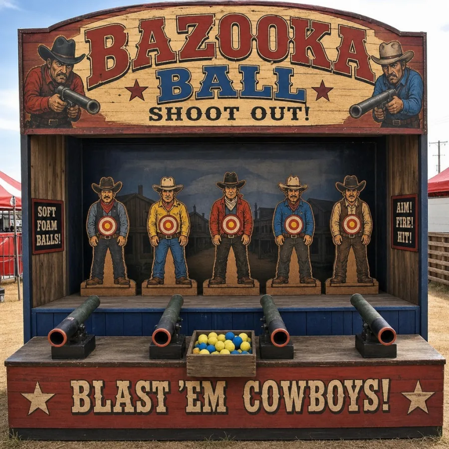 Western Bazooka Ball shootout booth with cowboy targets and foam balls
