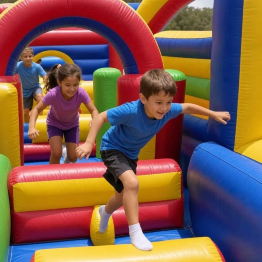 children racing through a colorful inflatable obstacle course
