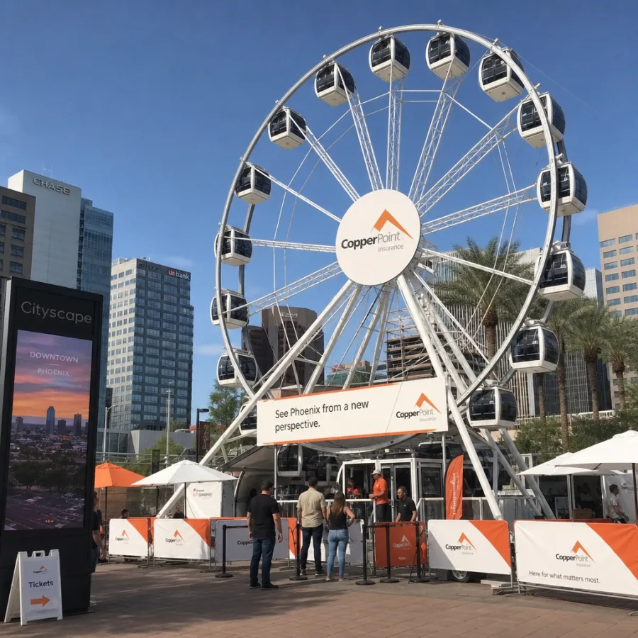 AI-generated image of a branded enclosed gondola wheel activation in downtown Phoenix