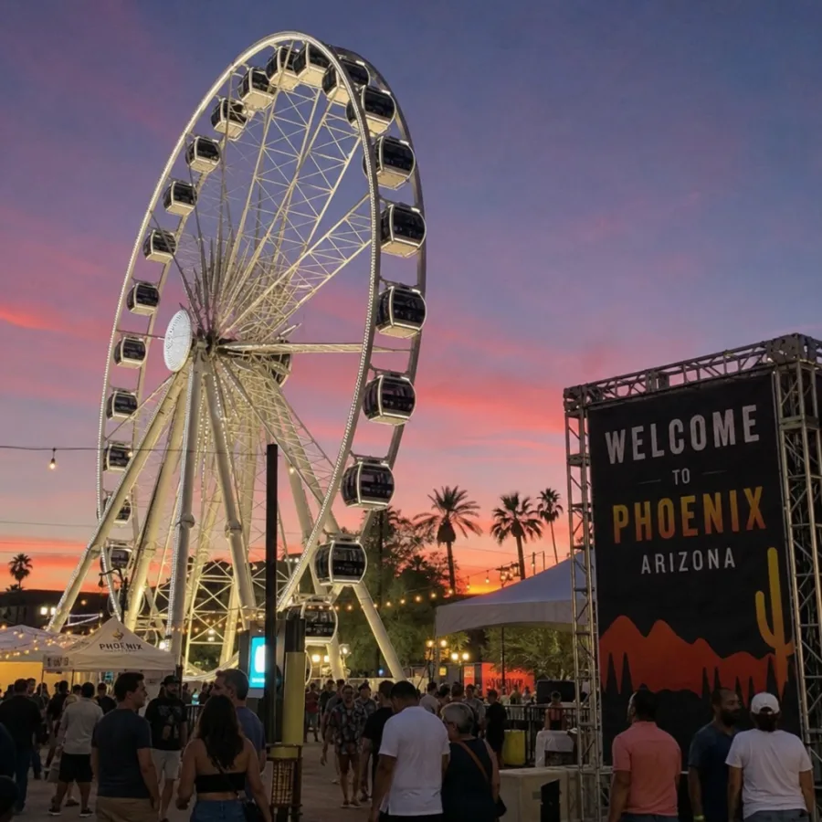 AI-generated image of an enclosed gondola wheel at a Phoenix evening event