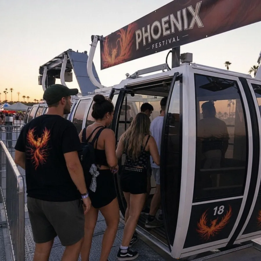 AI-generated image of guests entering enclosed gondola cabins at a Phoenix festival