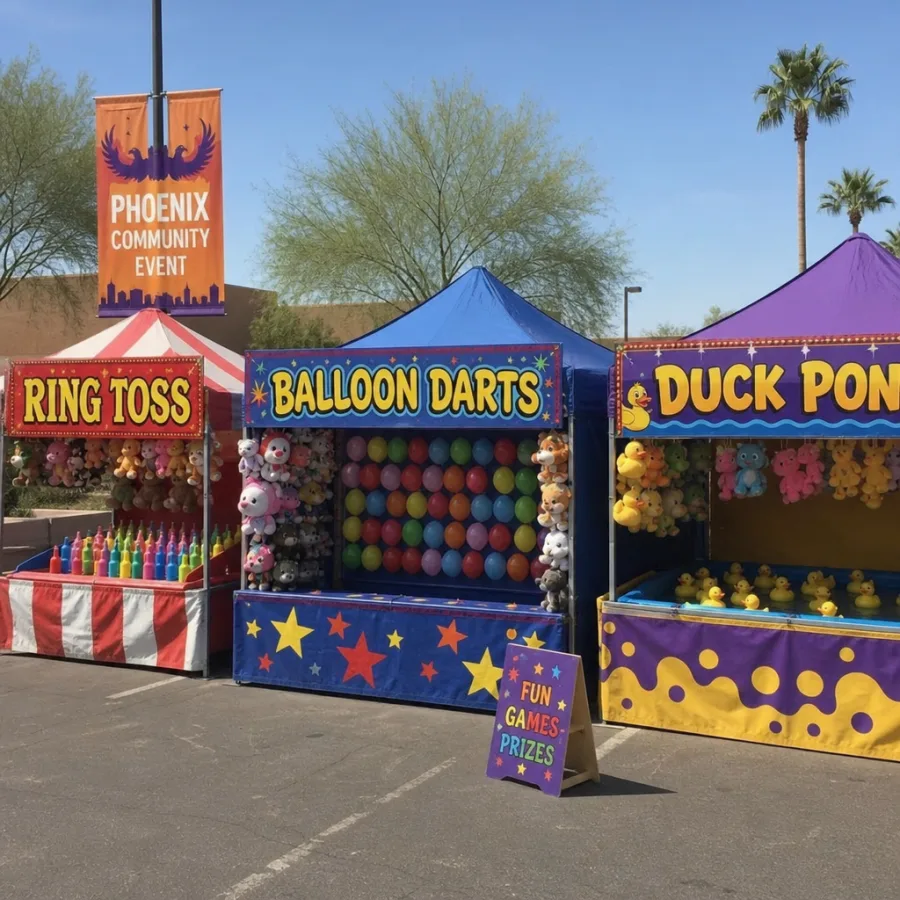 Carnival game booths set up for a Phoenix community event