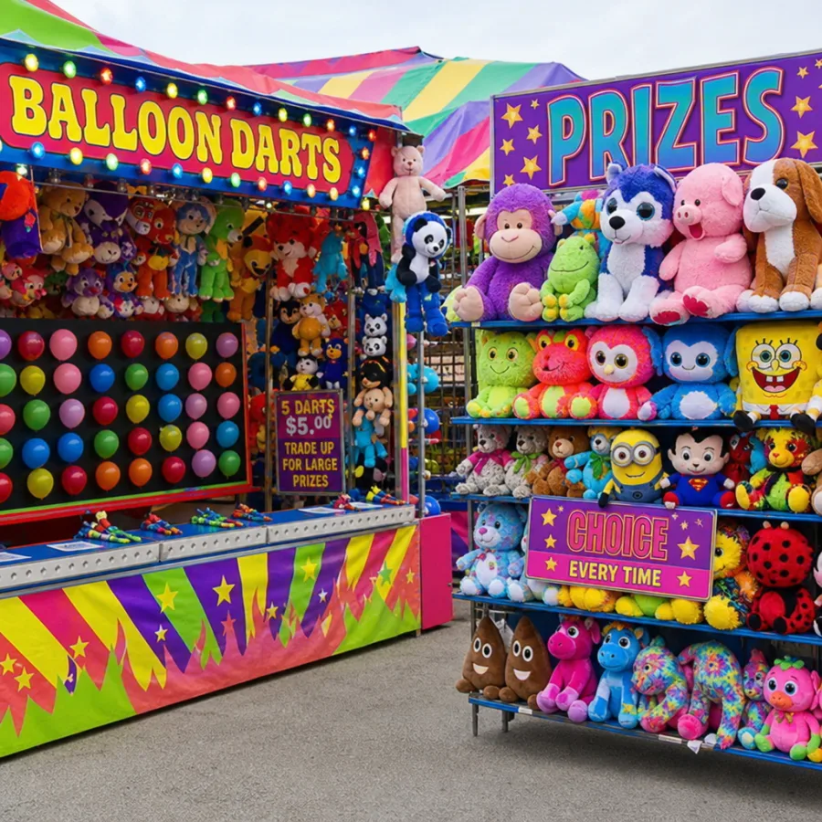 Colorful carnival prize display beside rental games