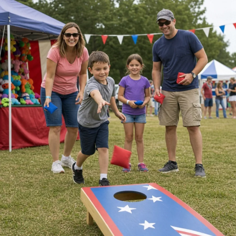 Family playing a bean bag toss carnival game outdoors