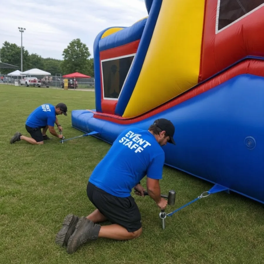 Event staff securing heavy-duty weather resistant anchors into the grass for a giant inflatable play structure