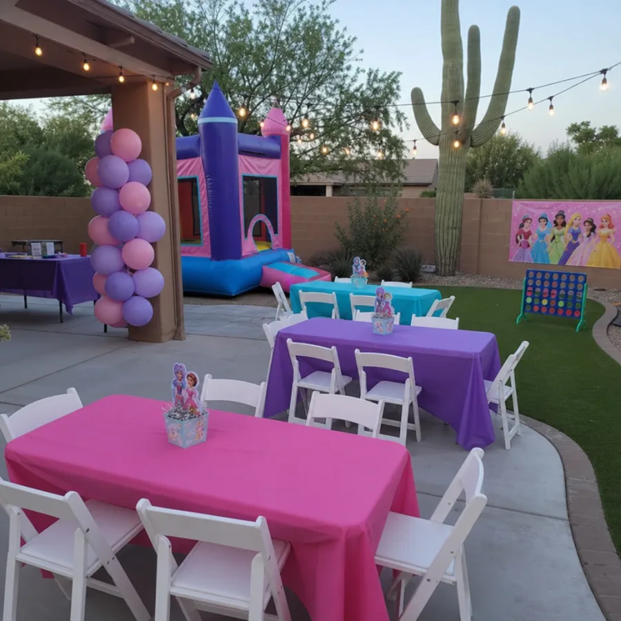 Outdoor Phoenix backyard party with kid-sized rental tables