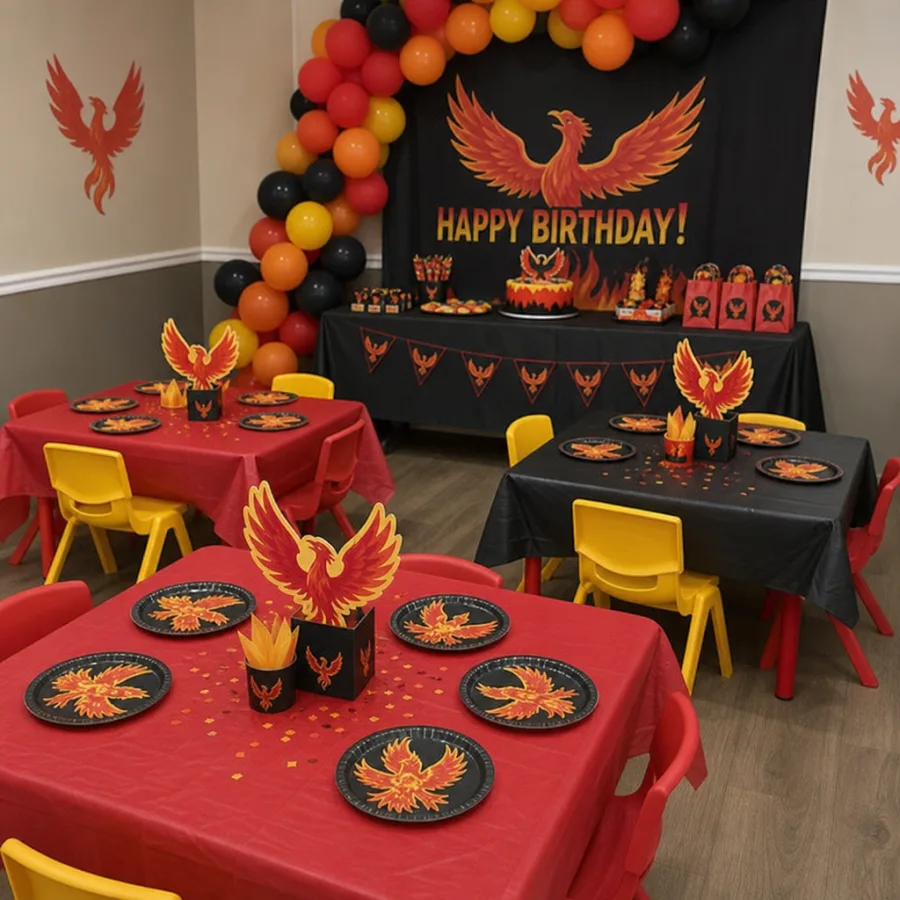 Kid-sized party tables and chairs set up for a Phoenix birthday party
