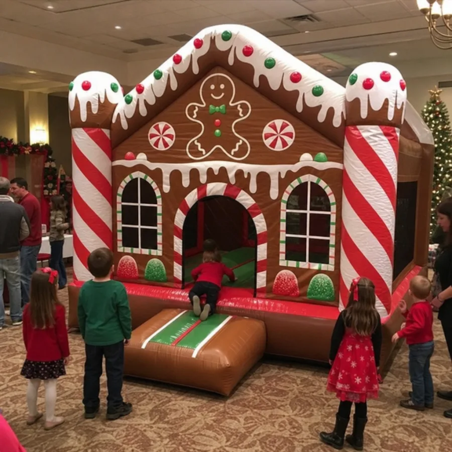 Gingerbread themed bounce house at a holiday party