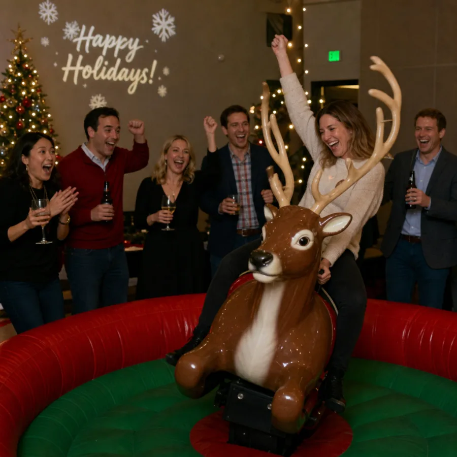 Holiday party guests cheering near an interactive reindeer ride