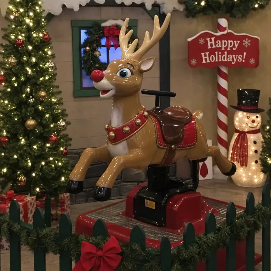 Mechanical reindeer ride surrounded by festive holiday decor