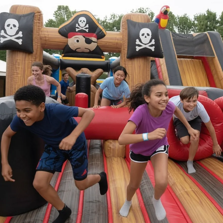 Diverse group of children and teenagers racing through a pirate inflatable obstacle course