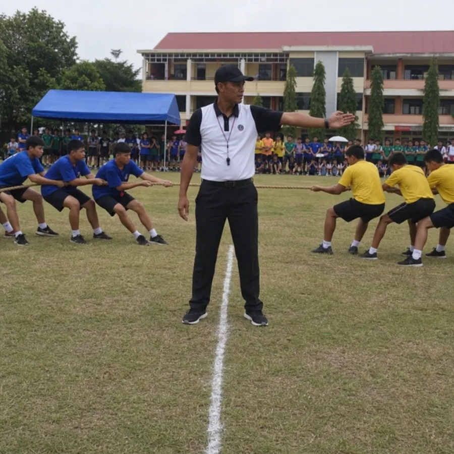 Referee confidently anchoring the center line during a competitive outdoor school event