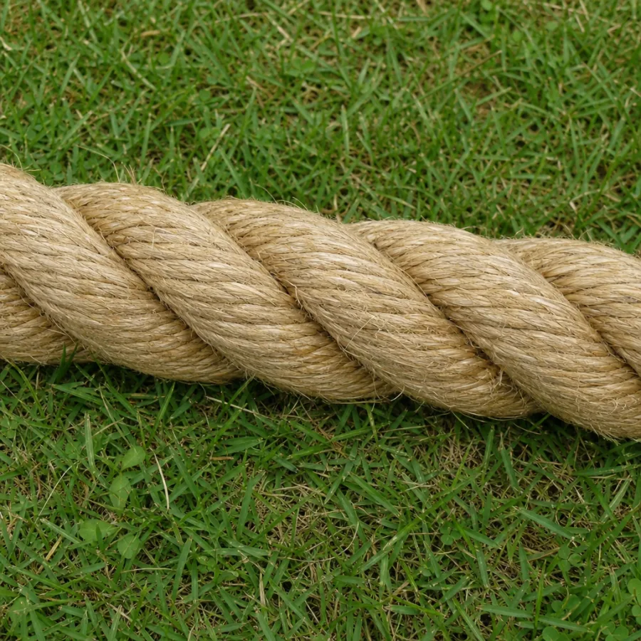 Close up of heavy duty natural fiber manila tug of war rope resting on green grass