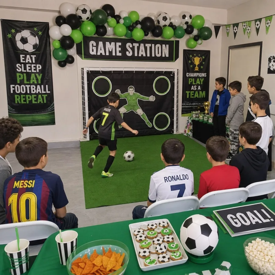 Football-themed party setup with game station and spectators