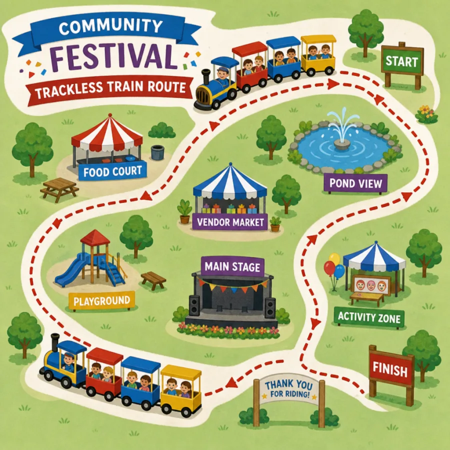 family-friendly trackless train ride route at a community festival