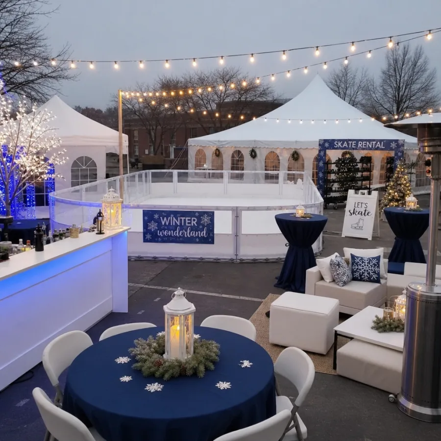 Winter-themed event setup with portable rink and party rentals