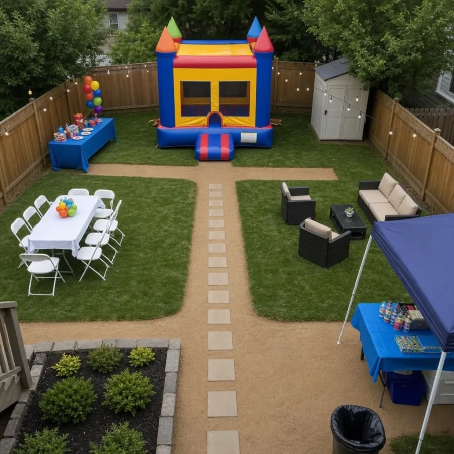 Backyard party layout showing an inflatable, seating, and clear walking paths
