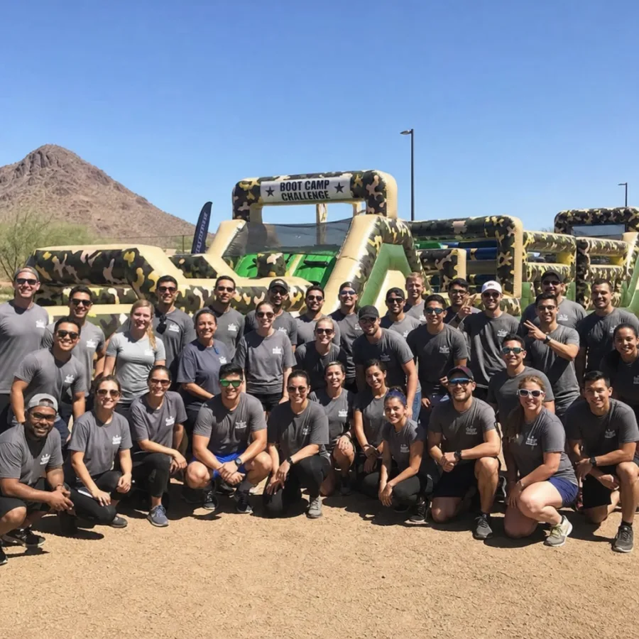 AI-generated photo of a Phoenix corporate team building event using a boot camp inflatable obstacle course