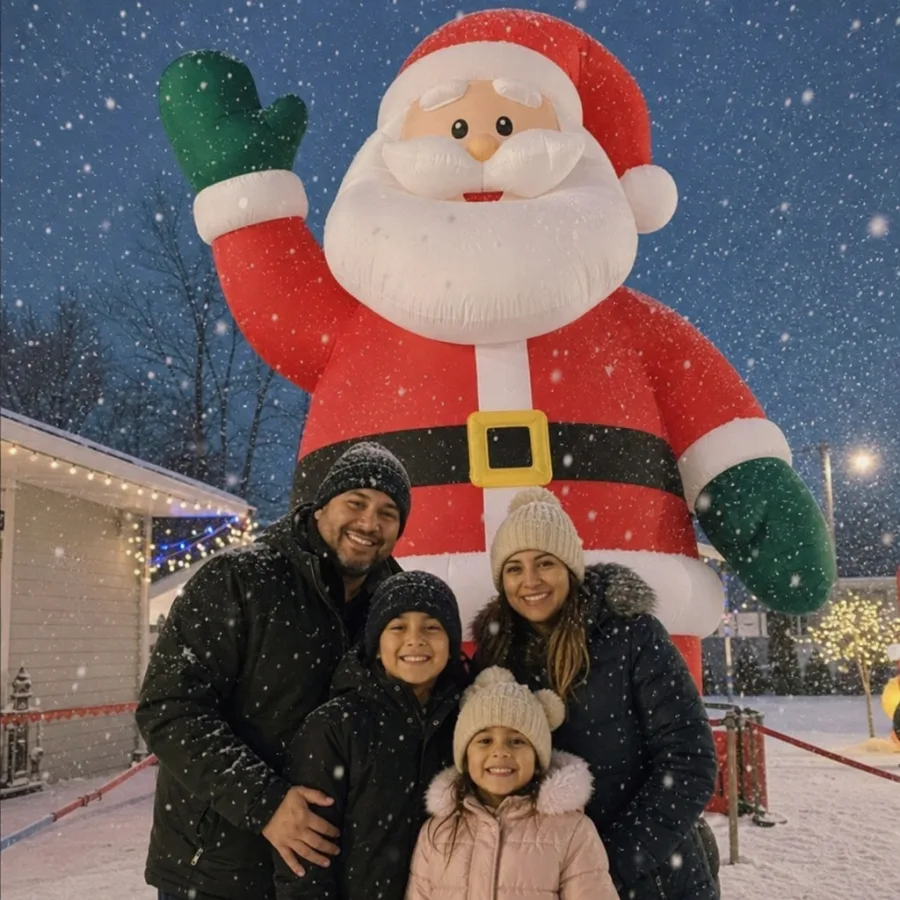 Family taking photos beside giant inflatable Santa and falling snow