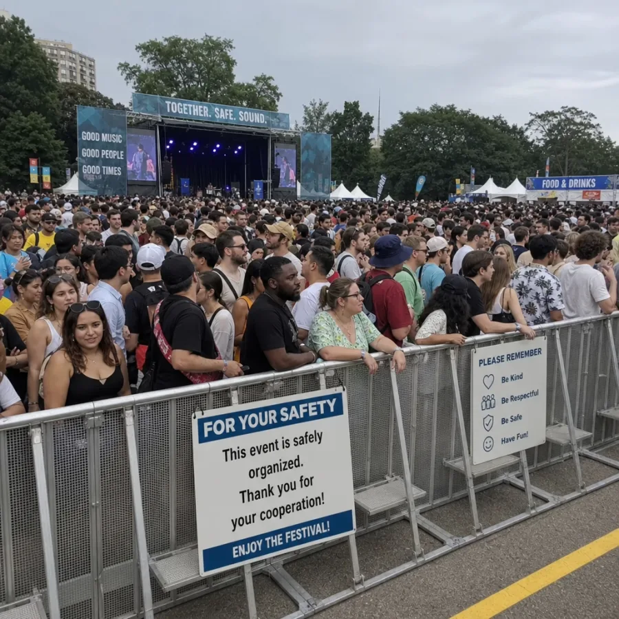 Large crowd at an outdoor festival safely organized behind interlocking steel barricades in English