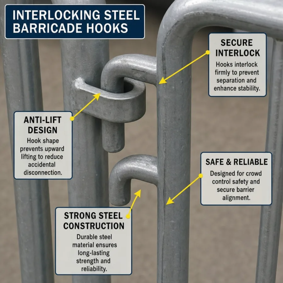 Close-up of interlocking steel barricade hooks demonstrating safety features in English