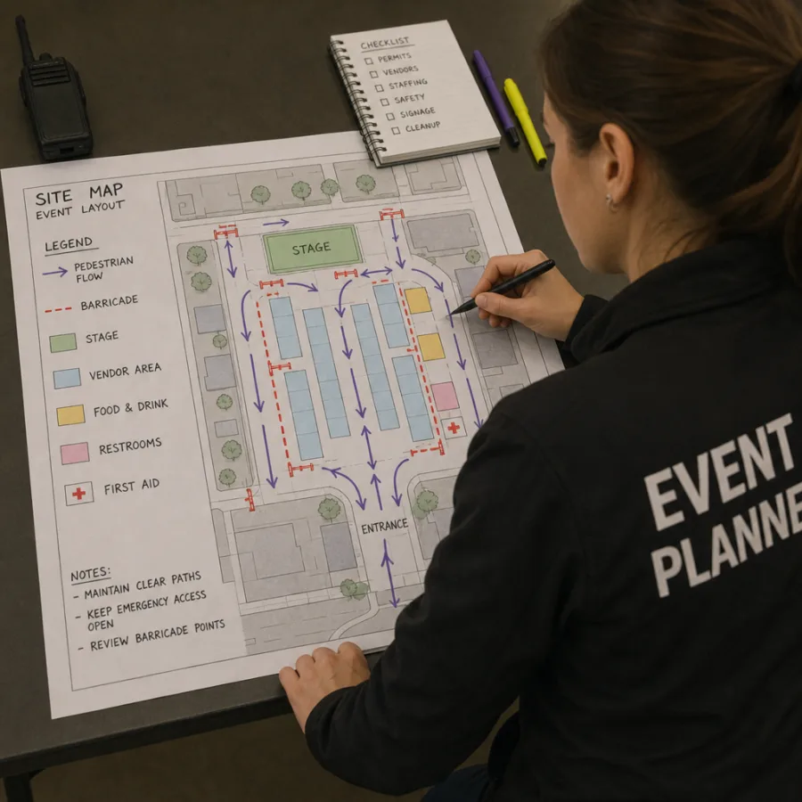 Event planner reviewing a site map for pedestrian flow and barricade placement in English