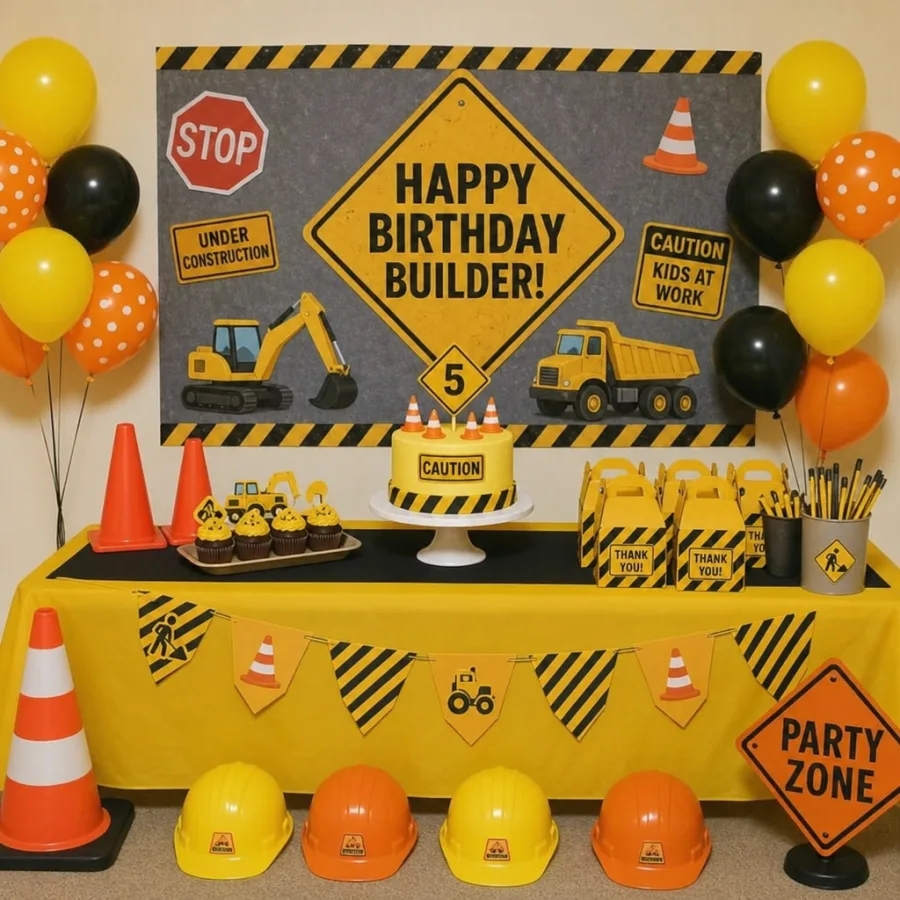 Kids party setup with hard hats, cones, and construction decorations