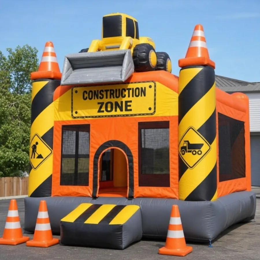 Construction-themed bounce house with cones and bright jobsite colors