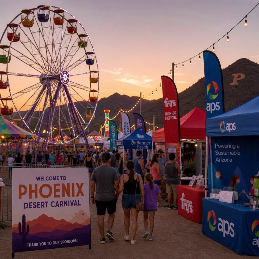 Phoenix desert carnival event with ferris wheel and sponsor booths