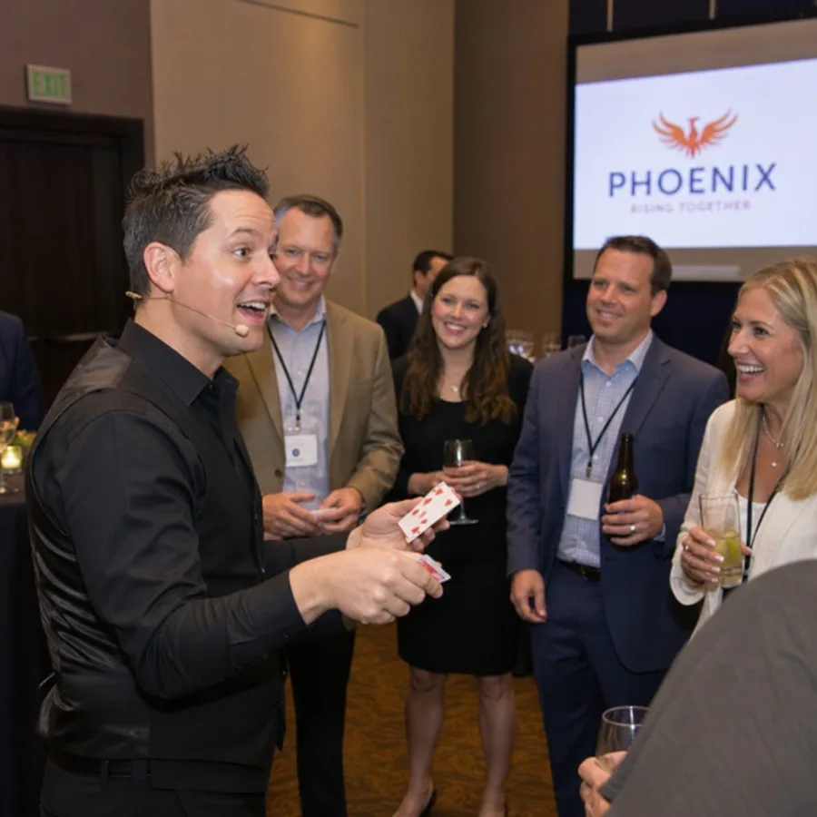 Interactive entertainer engaging guests at a Phoenix corporate reception