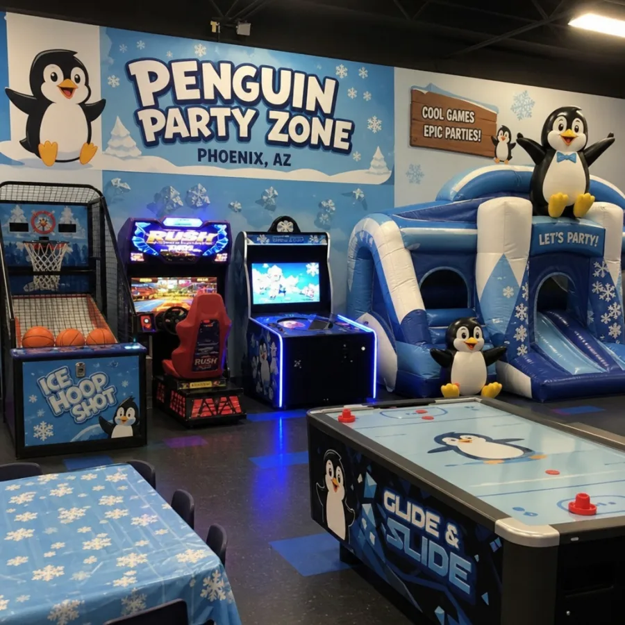 Penguin-themed party game area with arcade-style rentals in Phoenix
