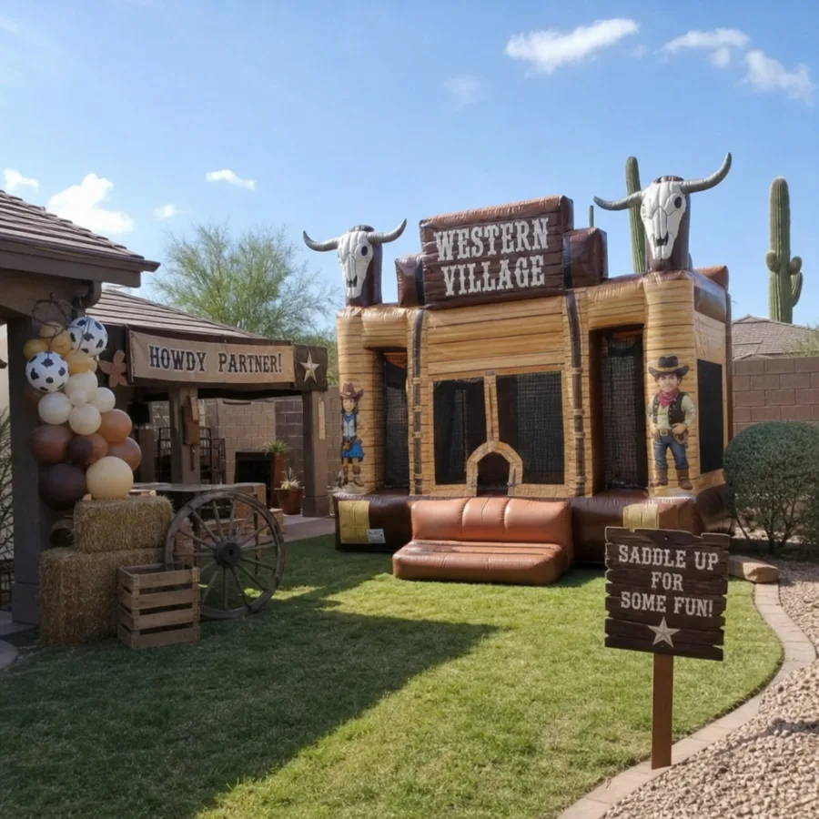 western village bounce house set up for a Phoenix backyard party