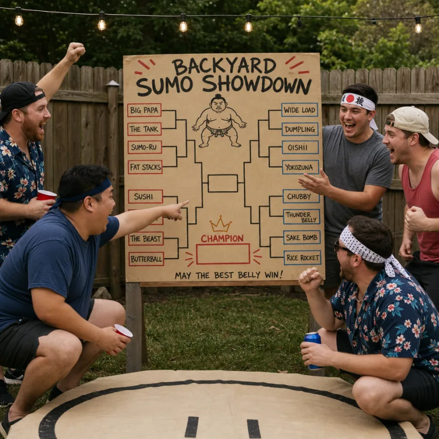 Excited friends cheering around a customized backyard sumo wrestling tournament bracket board