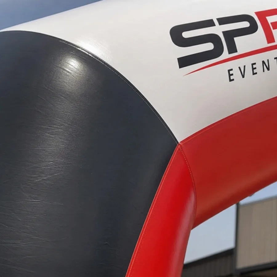 close up of heavy duty PVC material on a custom branded inflatable arch