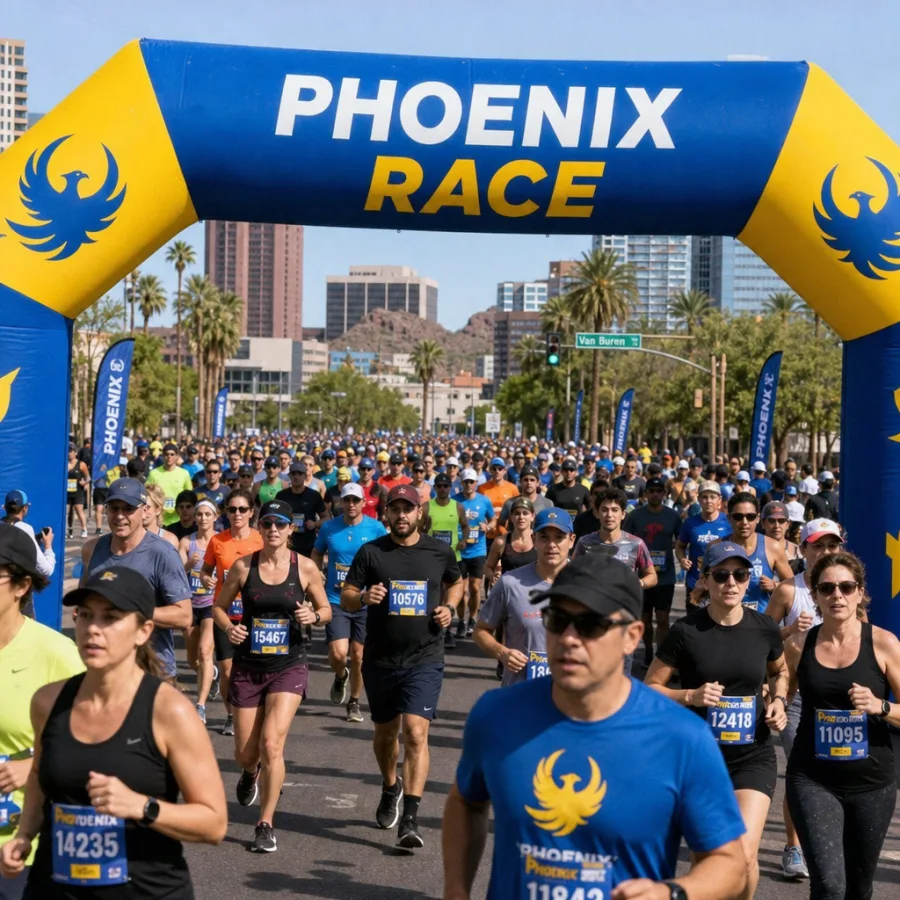 crowd of runners passing under a vibrant blue and yellow inflatable arch at a Phoenix race