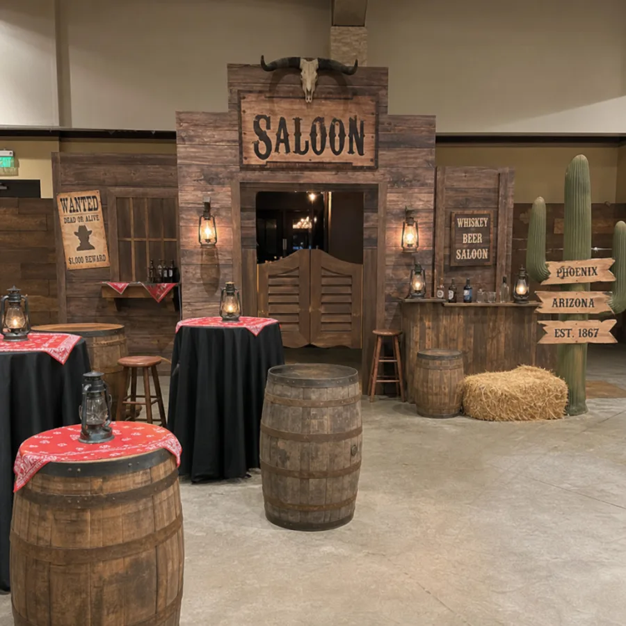 Western saloon rental setup for a Phoenix Arizona event